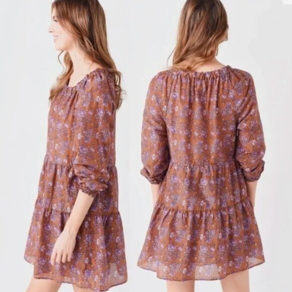 Xirena Lea Cottage Boho Brown Floral Dress Small Oversized Golden Silk Cotton - Picture 10 of 10
